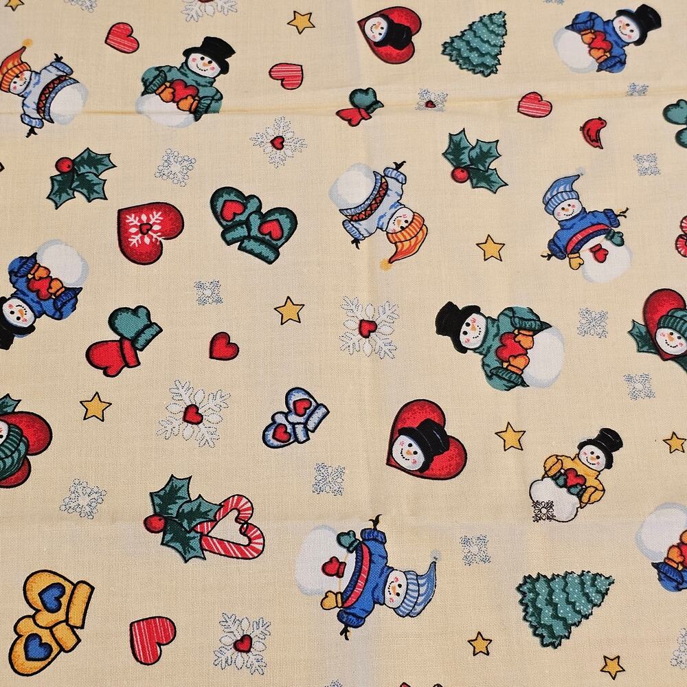 Christmas Holiday Cotton Fabric Snowmen Hearts Mittens Candy  Cream 19x44 Moda
